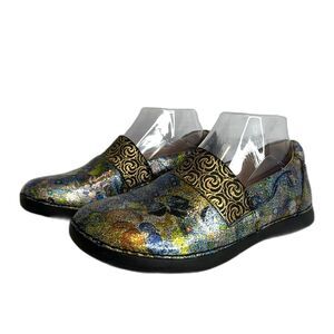 ALEGRIA Gle 438 Preowned Floral Metallic Multi Colored Leather Clogs size 6.5